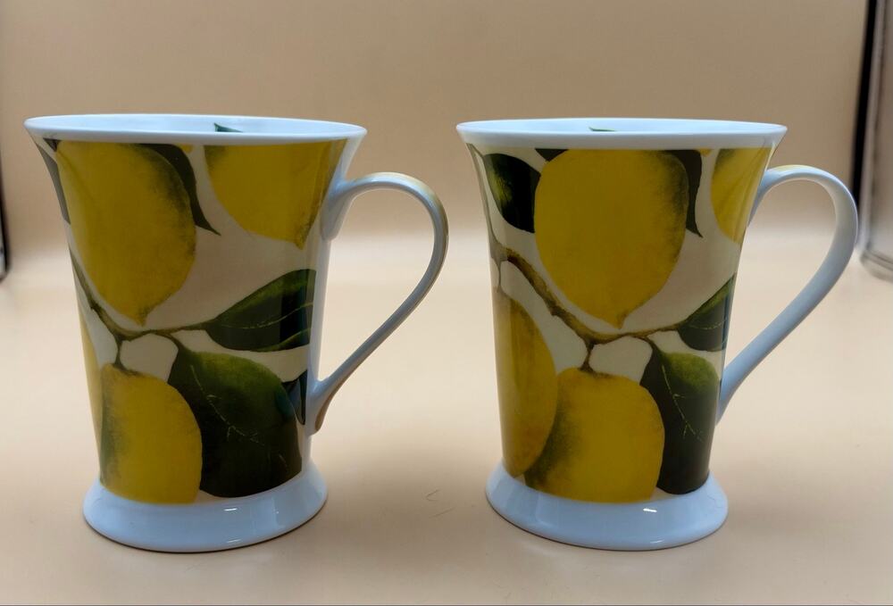 Pimpernel Lemon Fine Porcelain Mugs Set of 2 Designed England Footed Cups